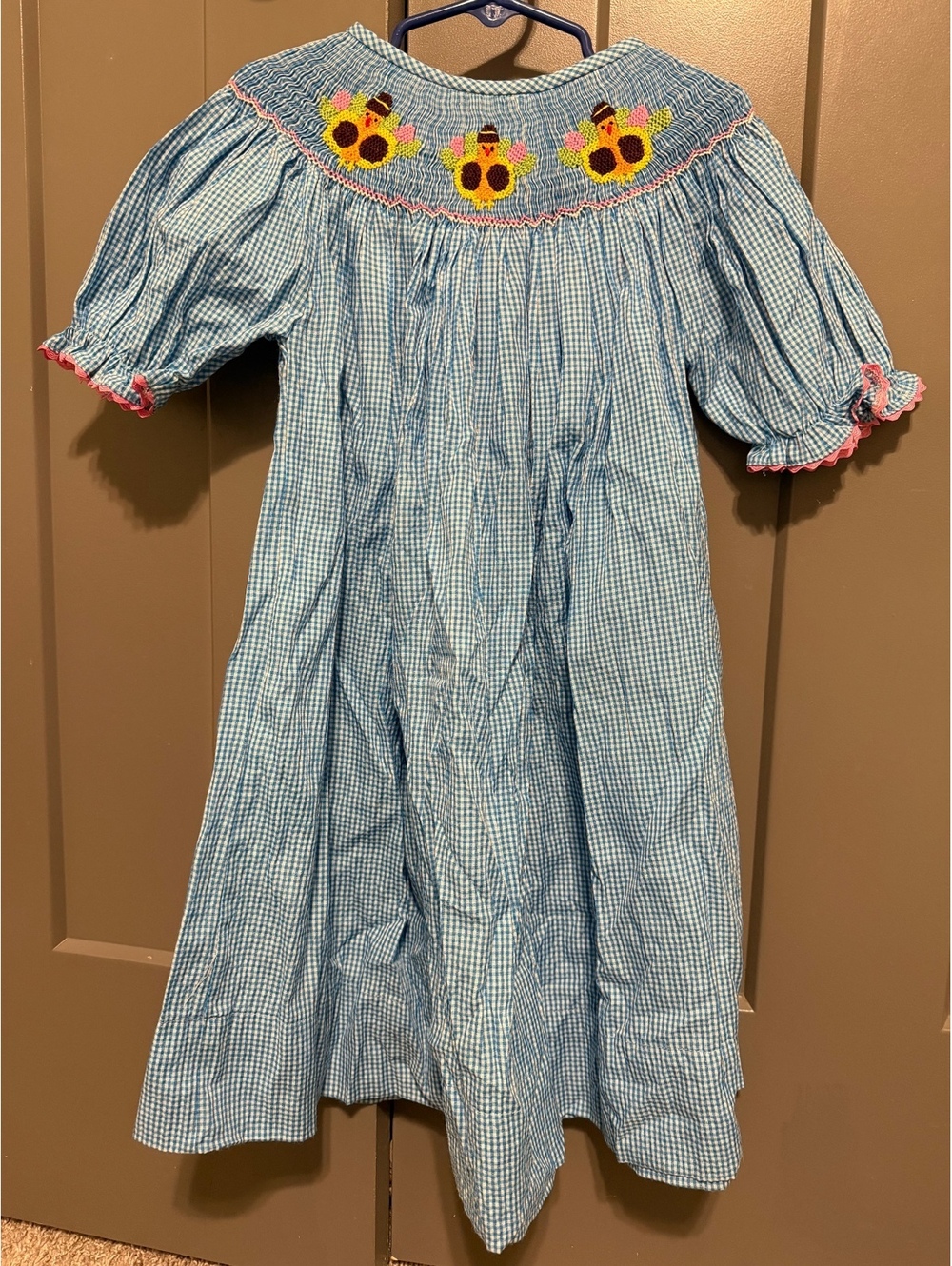NOLA Smocked Embroidered Blue Gingham Girls' Dress with Turkey Design Size 7T